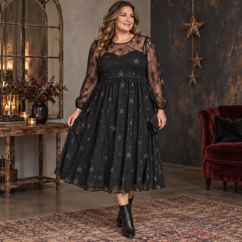 Torrid Womens 18 Black Mesh Star Print Celestial Glitter Long Sleeve Midi Dress